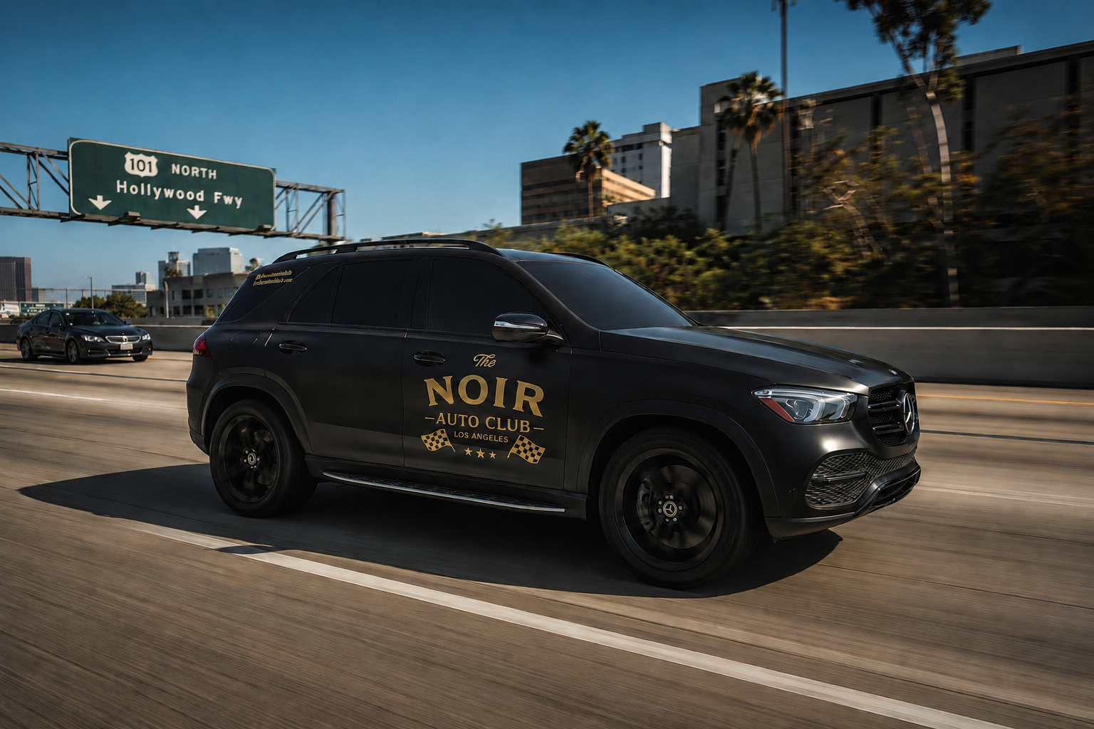 The Noir Auto Club branded Mercedes-Benz GLE cruising the 101 North in Los Angeles