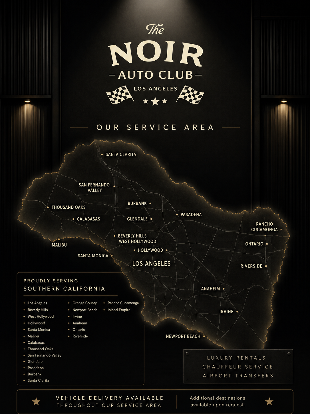 The Noir Auto Club service area map covering Los Angeles, Beverly Hills, Malibu, Santa Monica, Pasadena, Orange County, and the Inland Empire